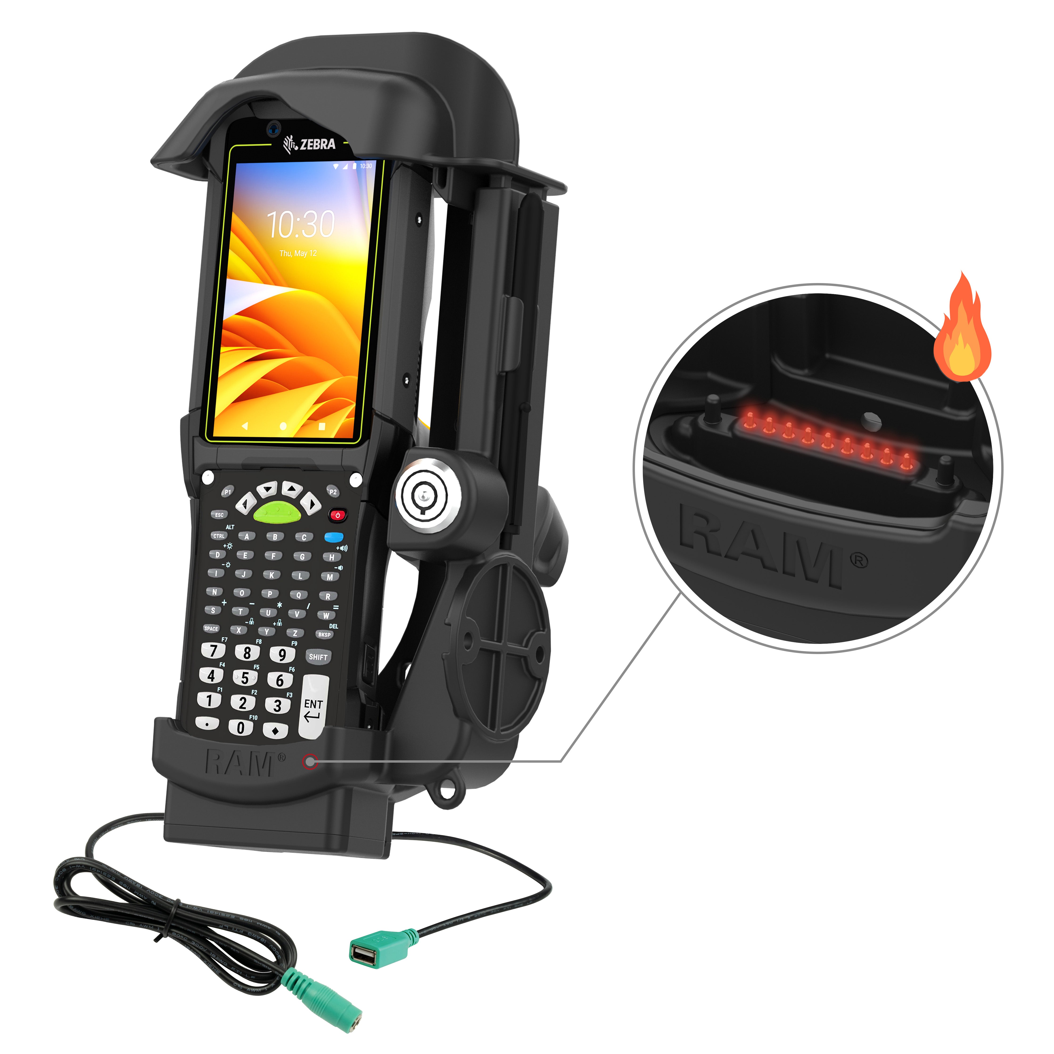 RAM® vergrendelbare gevoede dock + USB-A voor Zebra MC9400/9300 - verwarmde pinnen