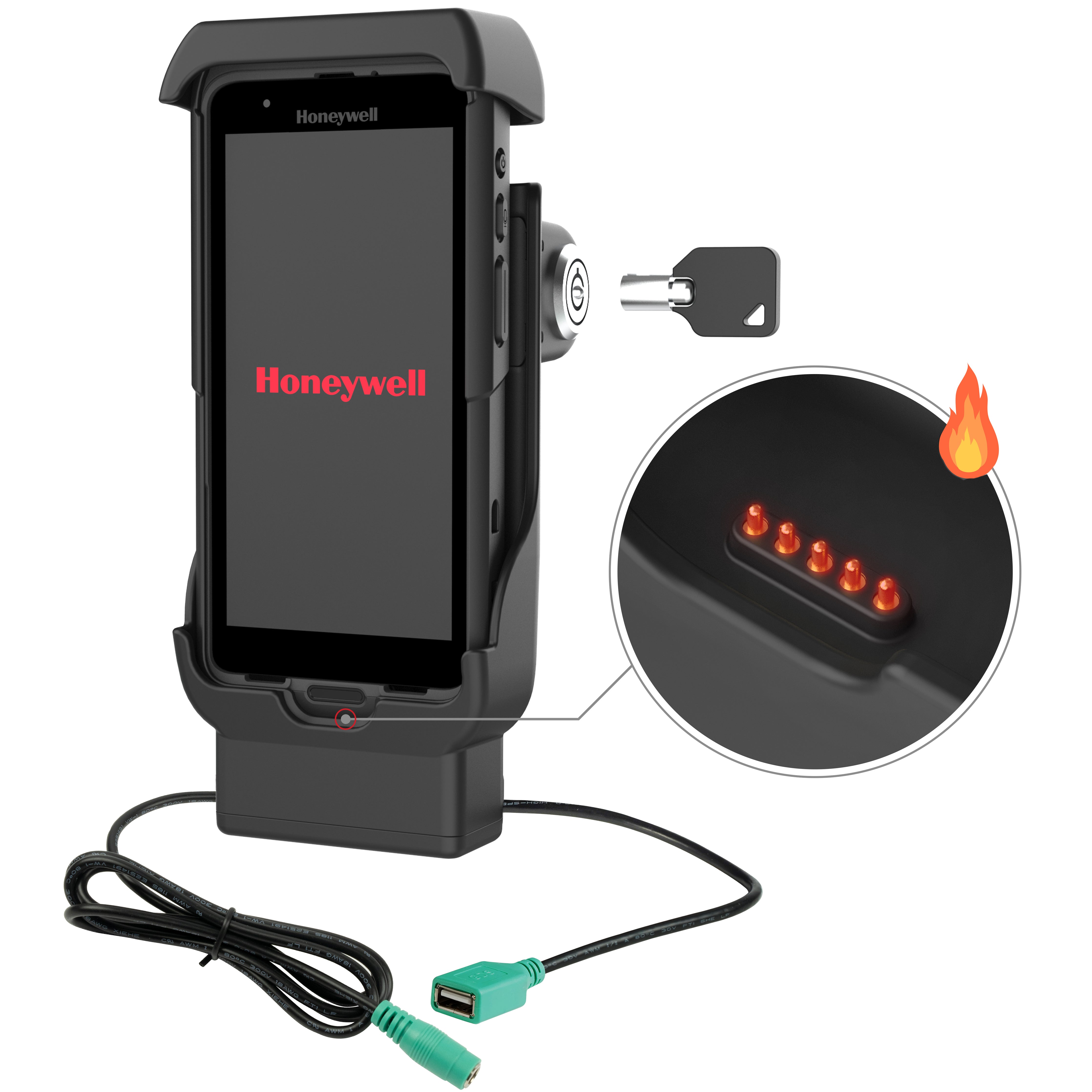 RAM® vergrendelbare powered dock + USB-A voor Honeywell CT40/45/47 - verwarmde pins