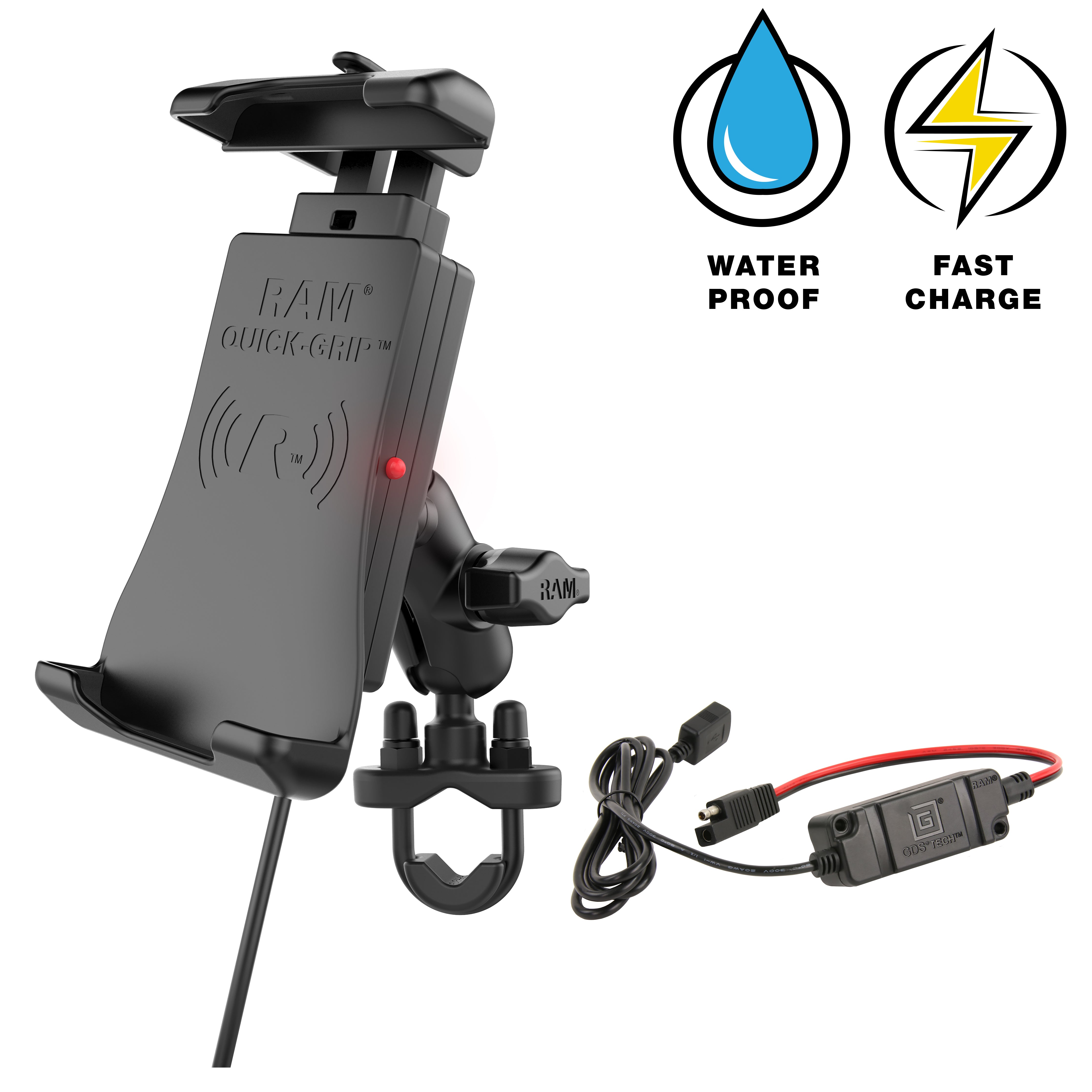 RAM® Quick-Grip™ 15W waterdichte draadloze oplaad-stuurhouder