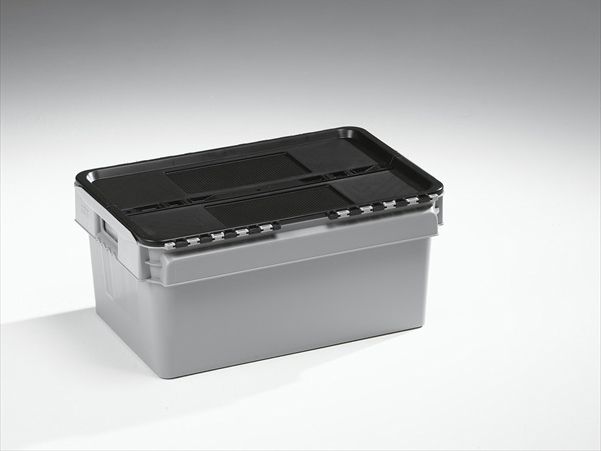 Distributionskasse 600x400x275 mm, 45 liter, grå med hængslet låg