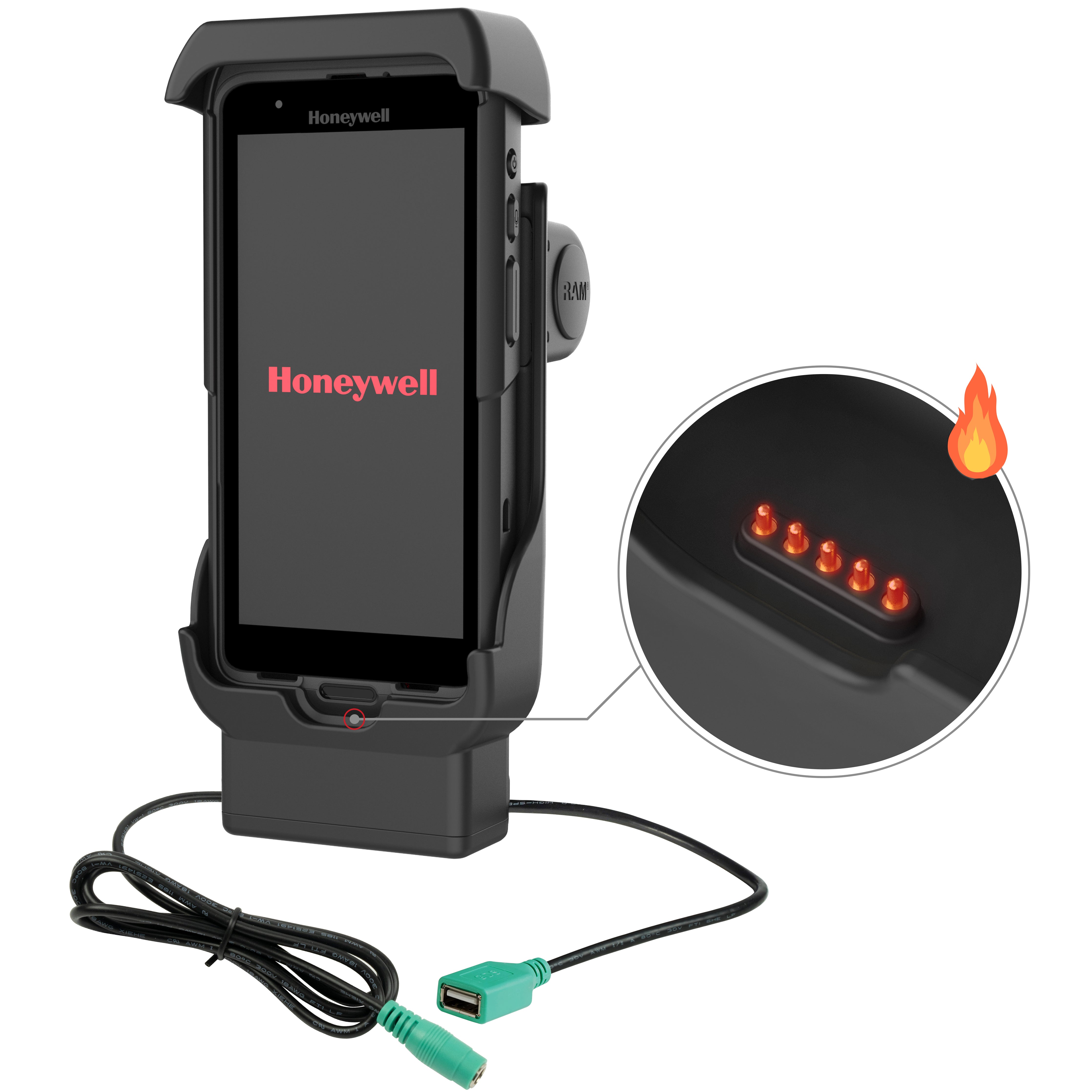 Stacja dokująca RAM® z zasilaniem + USB-A do Honeywell CT40/45/47 - podgrzewane piny