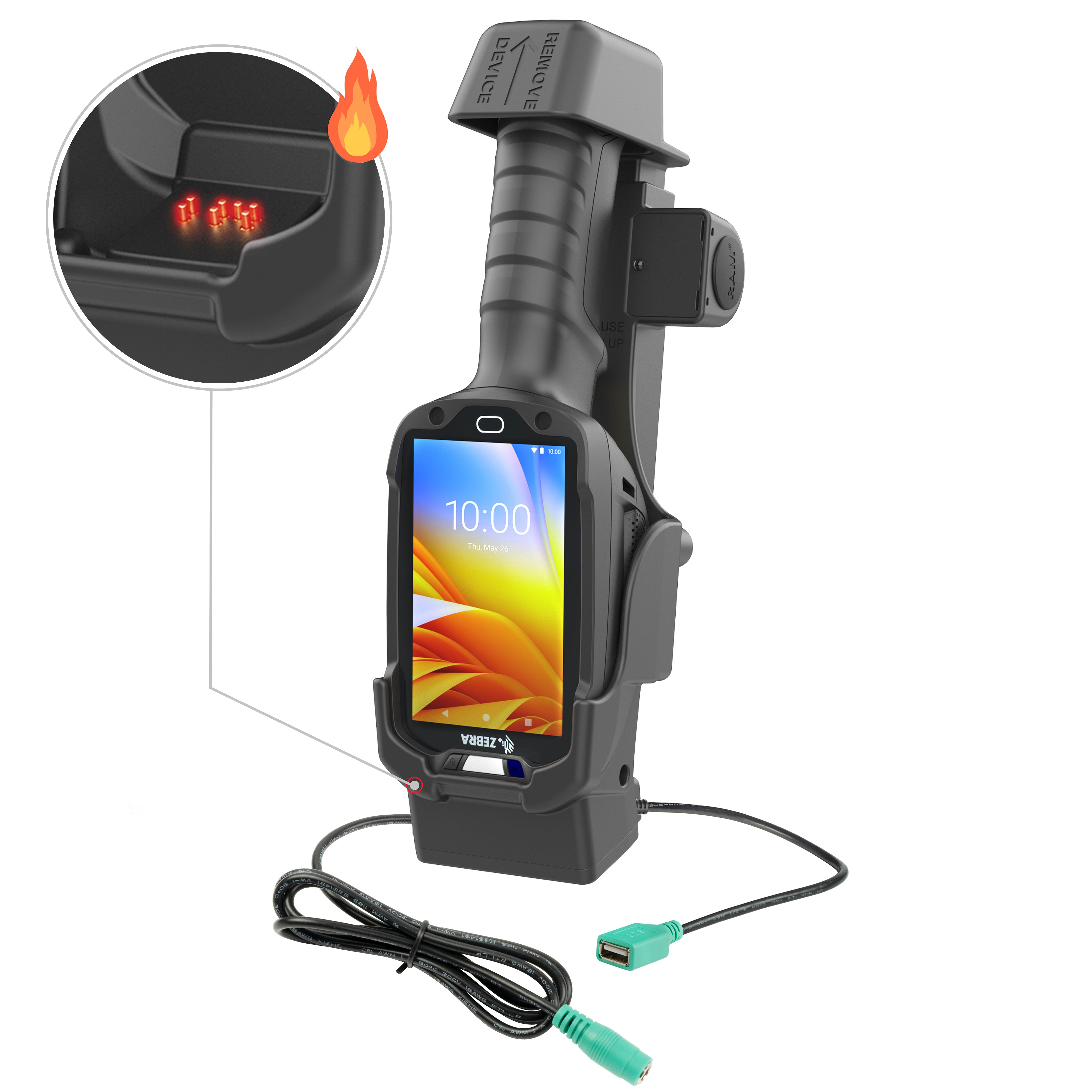 Base con alimentación + un USB-A para Zebra TC8300 - pines calefactados