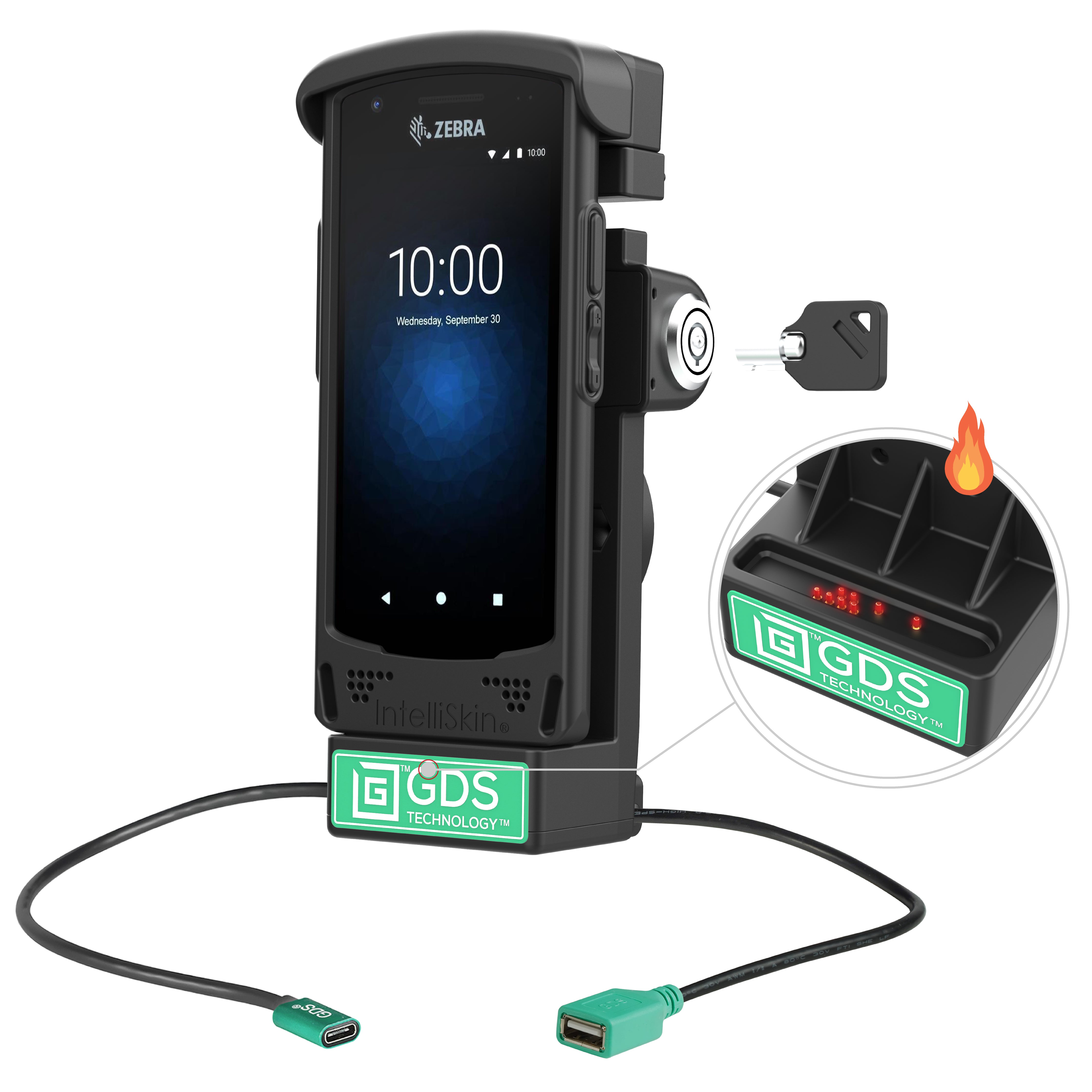 GDS® vergrendelbare gevoede dock + USB-A voor Zebra EC50/55 - verwarmde pinnen