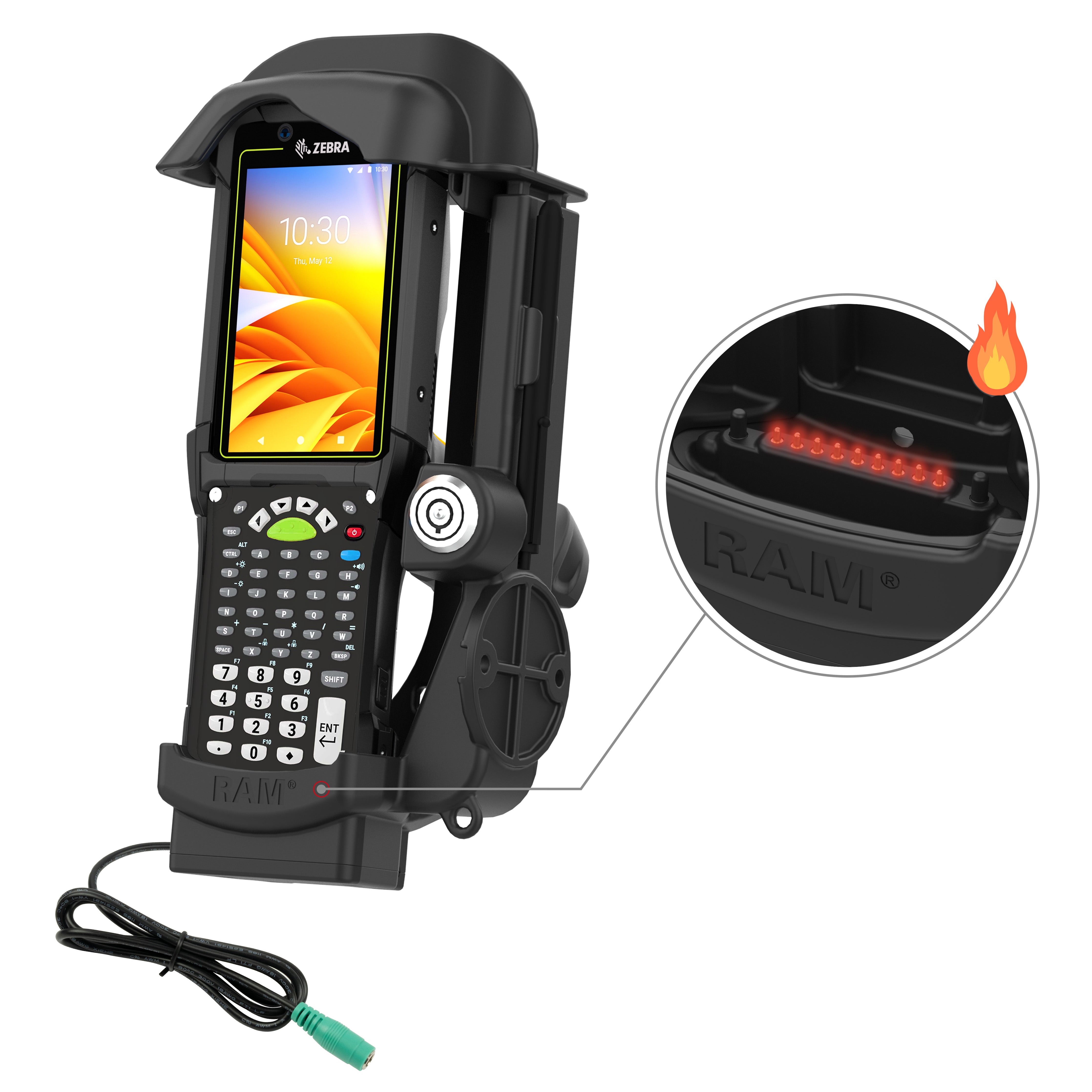 RAM® vergrendelbare gevoede dock voor Zebra MC9400 en MC9300 - verwarmde pinnen
