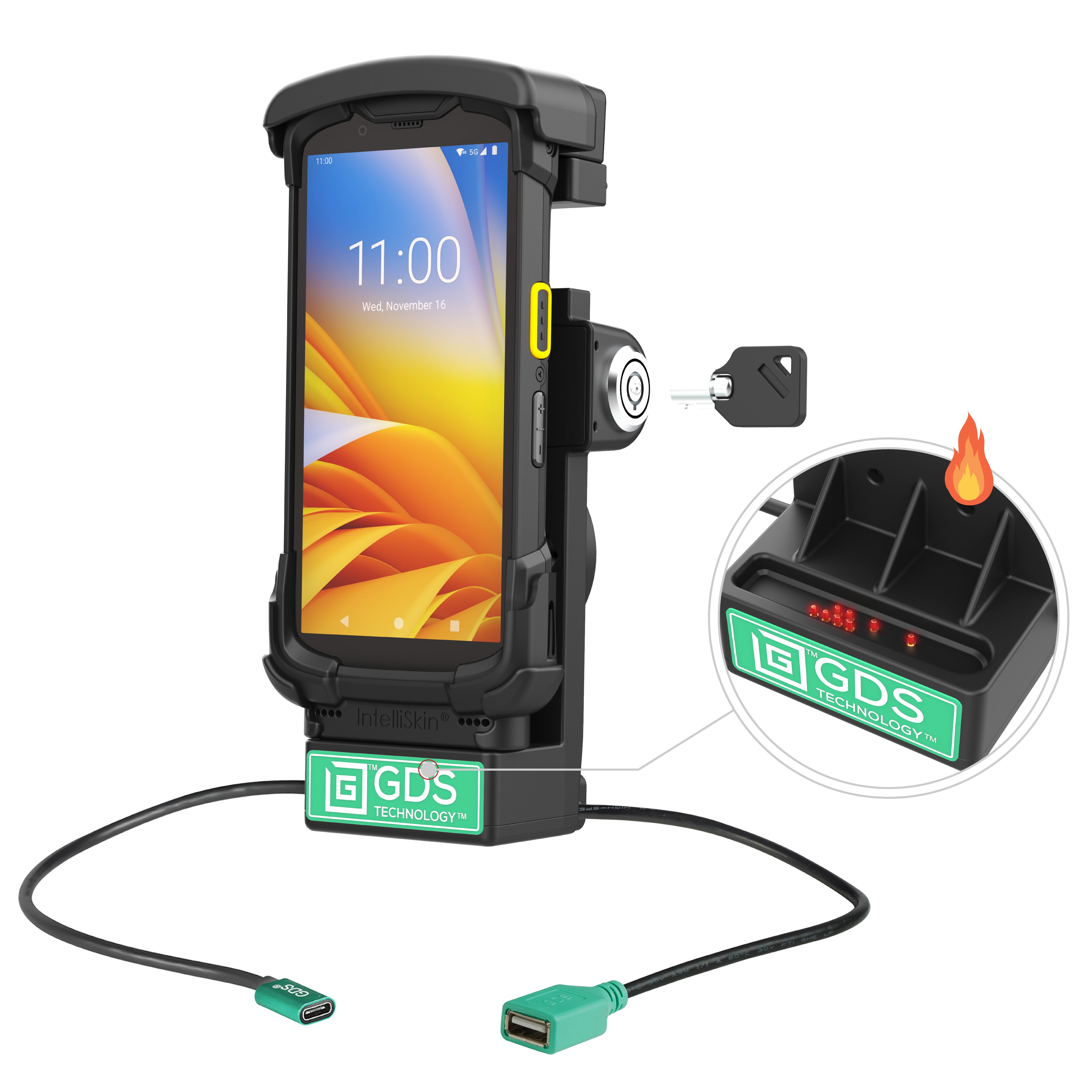 GDS® vergrendelbare gevoede dock + USB-A voor Zebra TC73/78 - verwarmde pinnen