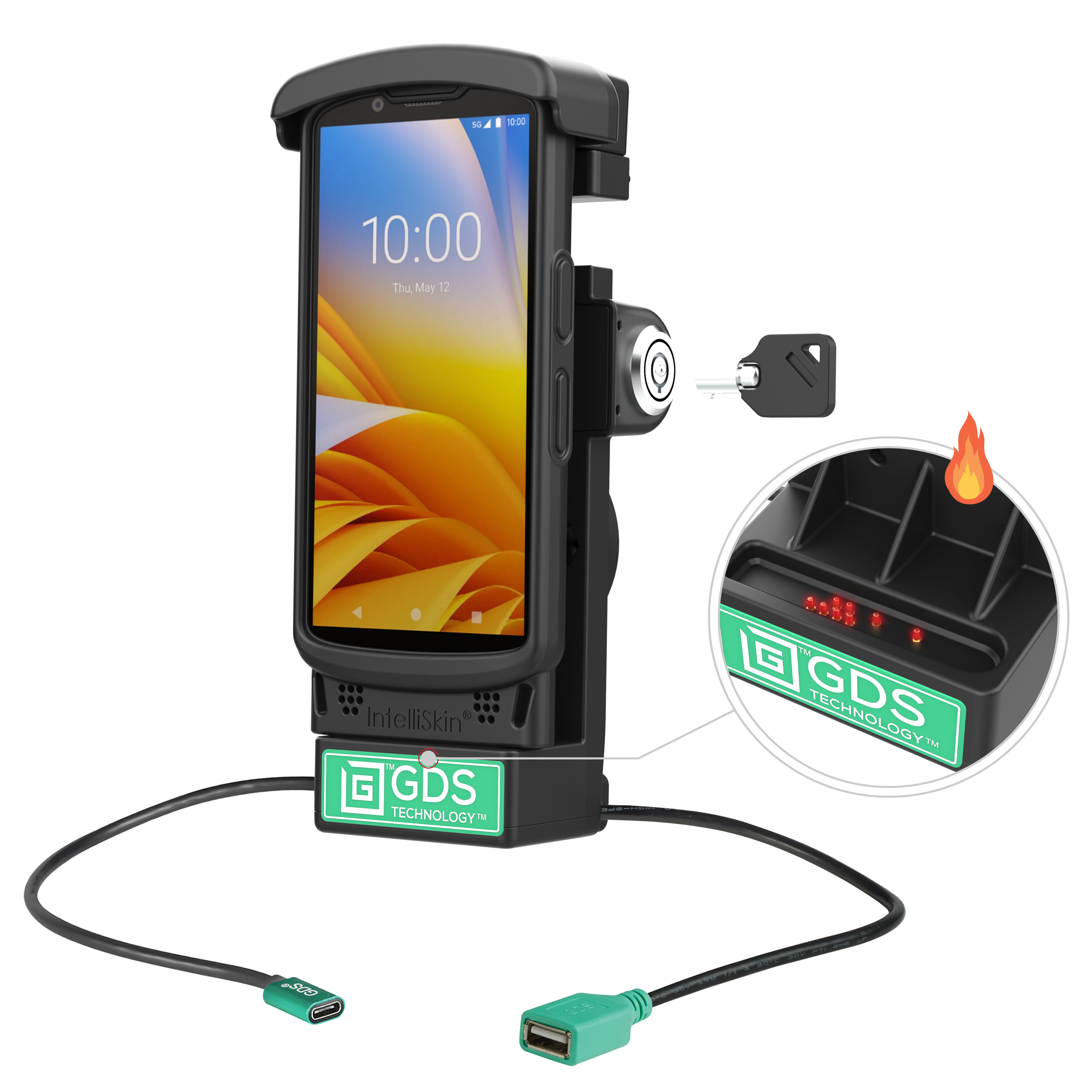 GDS® vergrendelbare gevoede dock + USB-A voor Zebra TC2x en TC5x - verwarmde pinnen