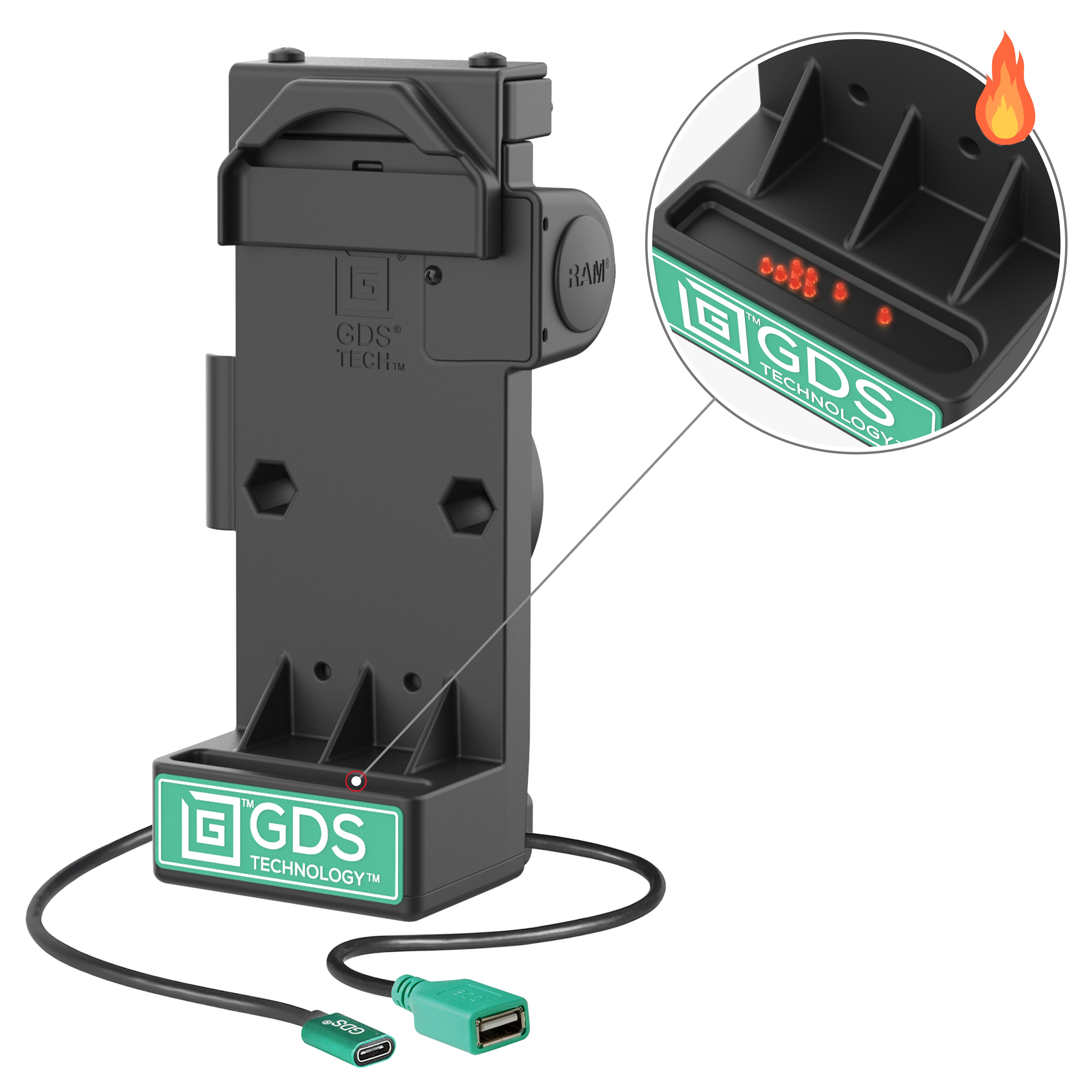 GDS® Uni-Conn™ veerbelaste Power + Single USB-A dock - verwarmde pins
