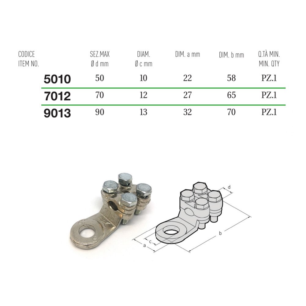 Cosse à œil laiton étamé 50mm² Ø10mm raccordement à vis