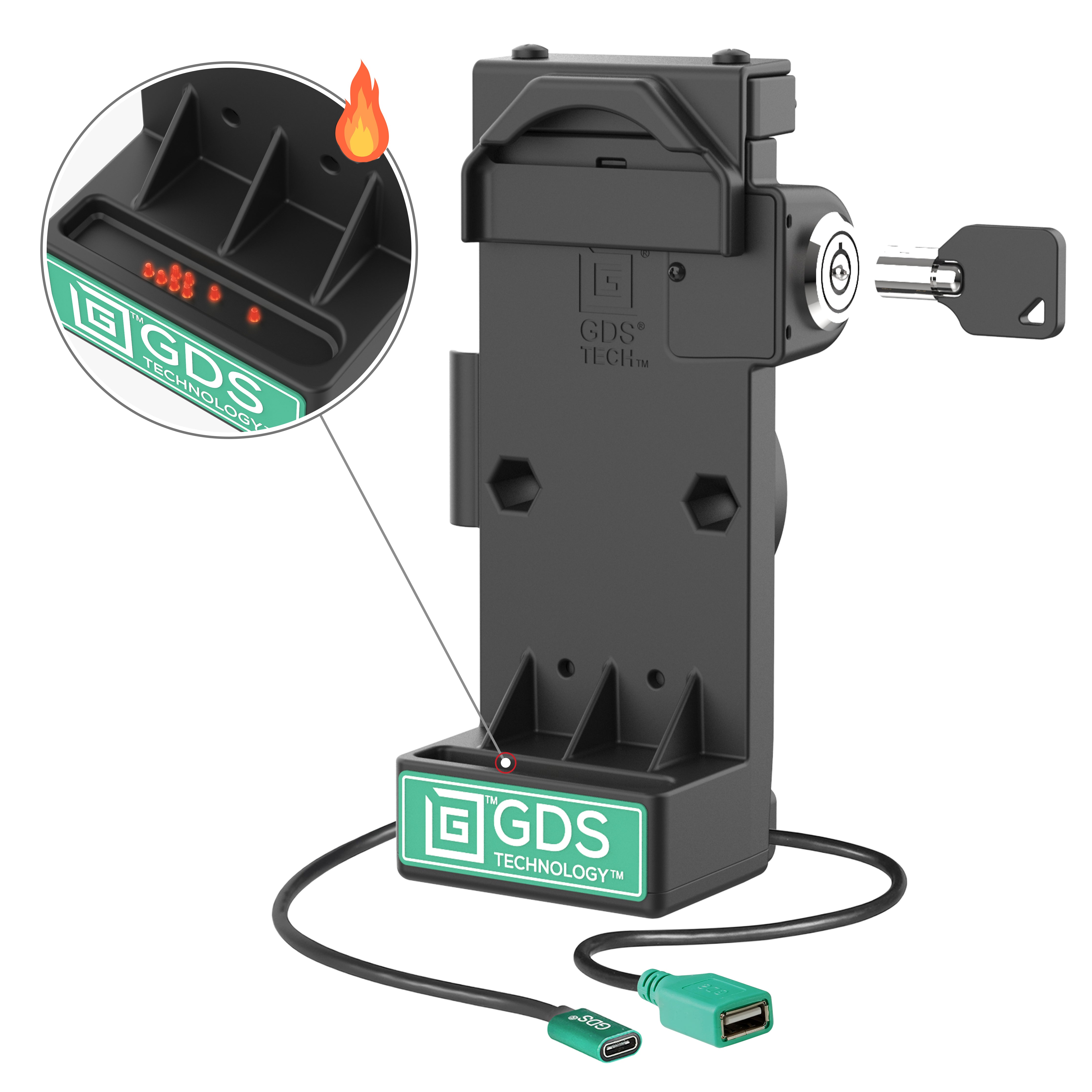 GDS® Uni-Conn™ vergrendelbare veerbelaste Power + USB-A dock - verwarmde pins