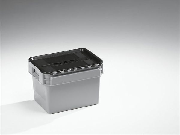 Distribueringskasse 400x300x275 mm, 20 liter, grå med hængslet låg